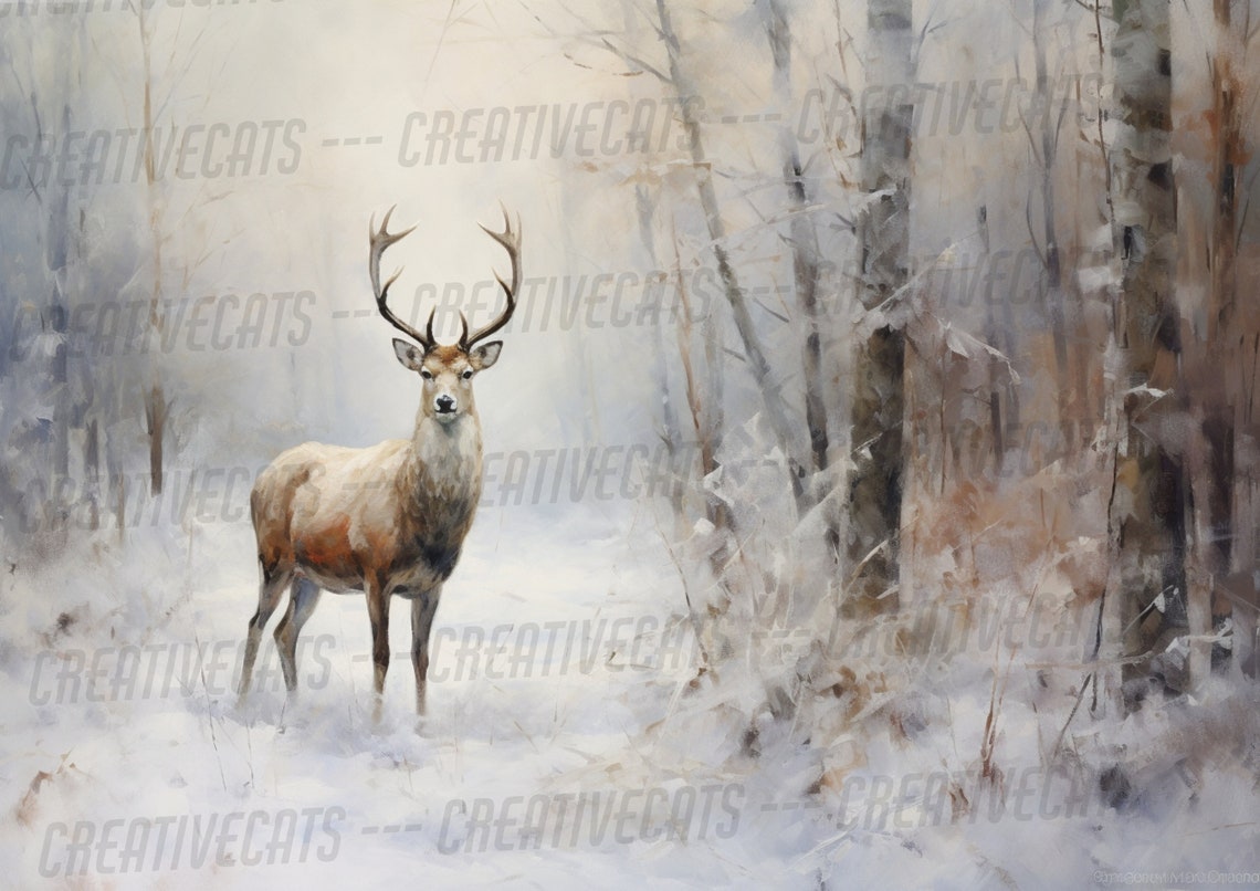 Majestic Stag Snowy Birch Forest Winter Wildlife Painting Poster - Image 3