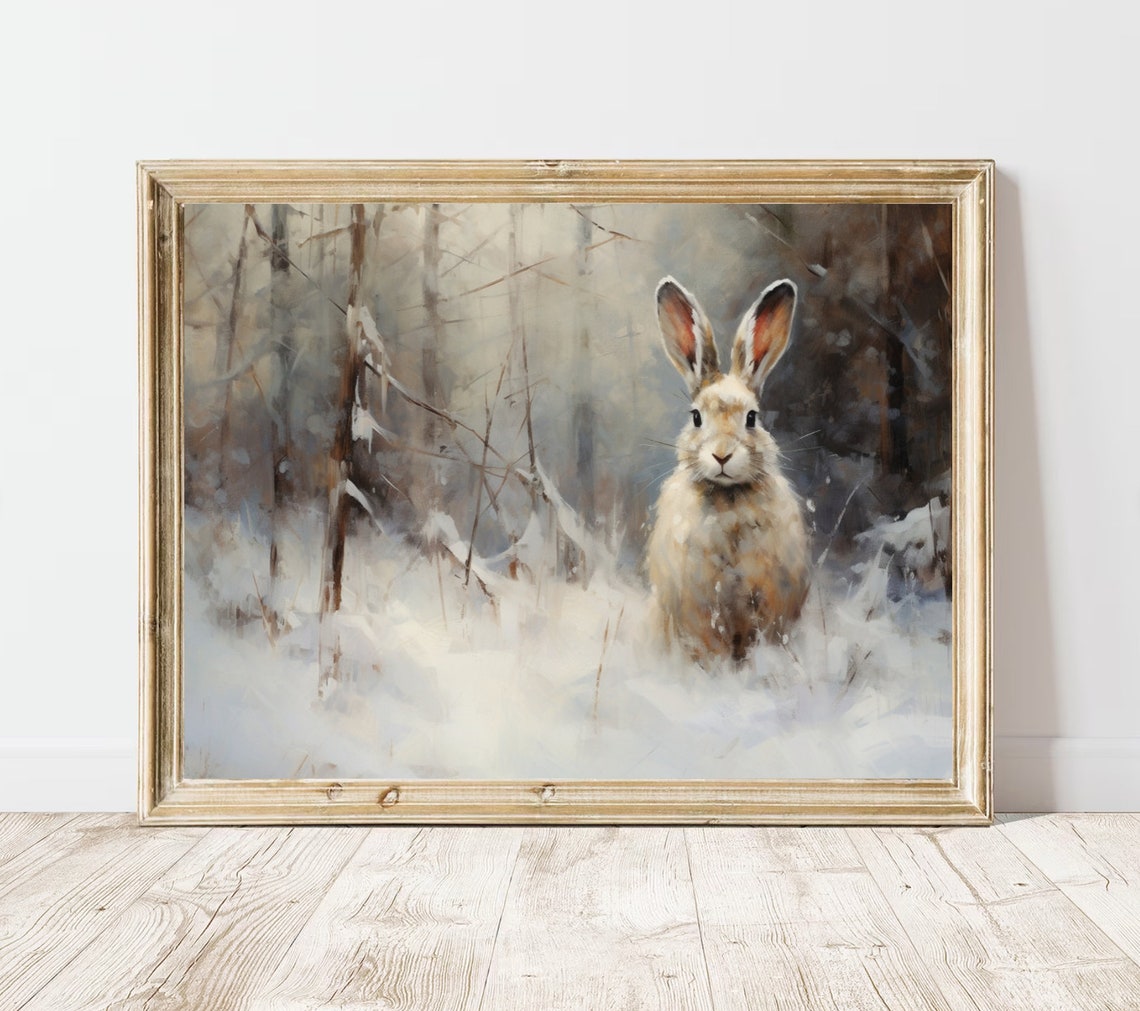 Winter Hare In Snowy Forest Vintage Oil Painting Rabbit Art Poster - Image 4