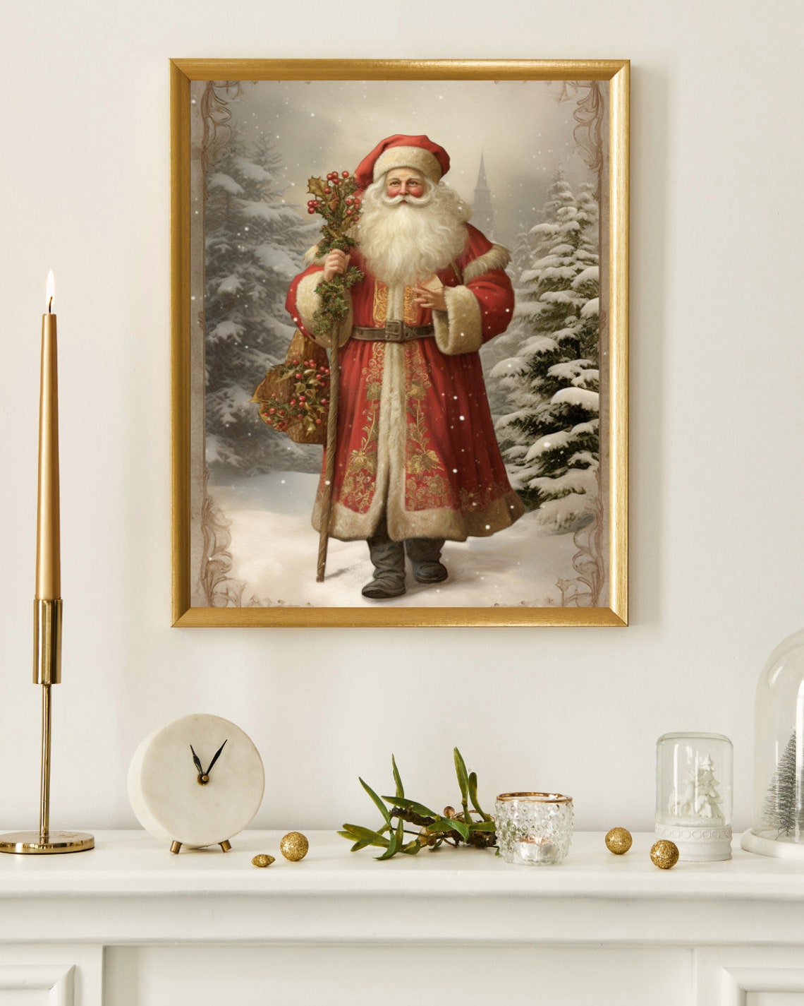 St Nicholas In Red Robe Snowy Woods Vintage Nostalgic Christmas Poster - Image 5