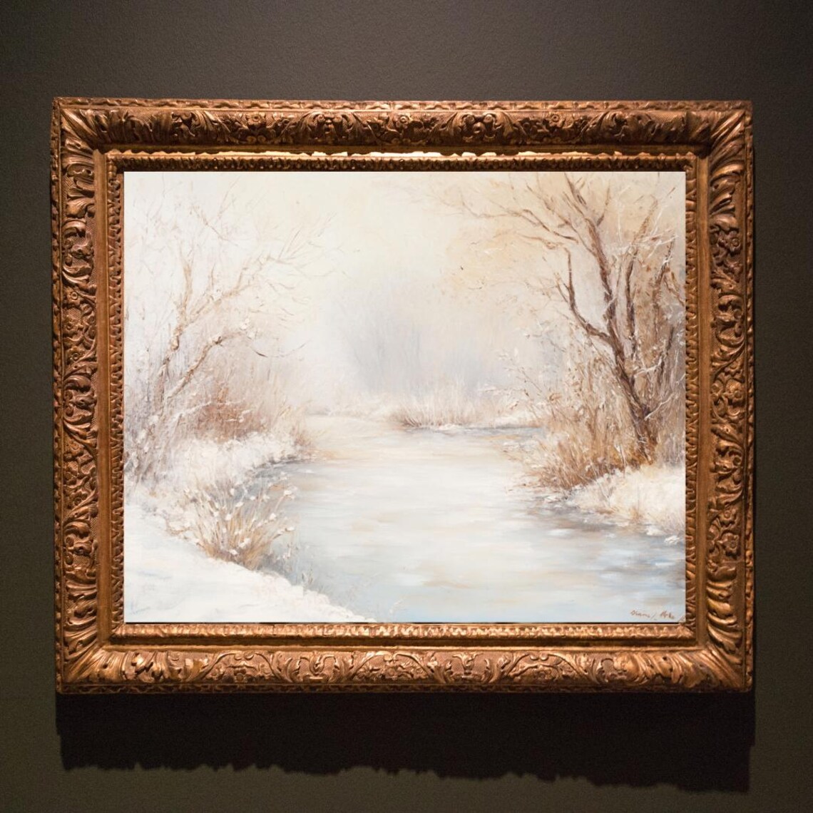 Neutral Antique Winter Creek Misty Forest Oil Painting Art Print - Image 4