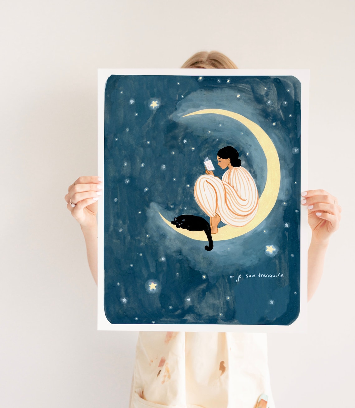 Moon Poster Print, Black Cat and Woman Reading - Image 2