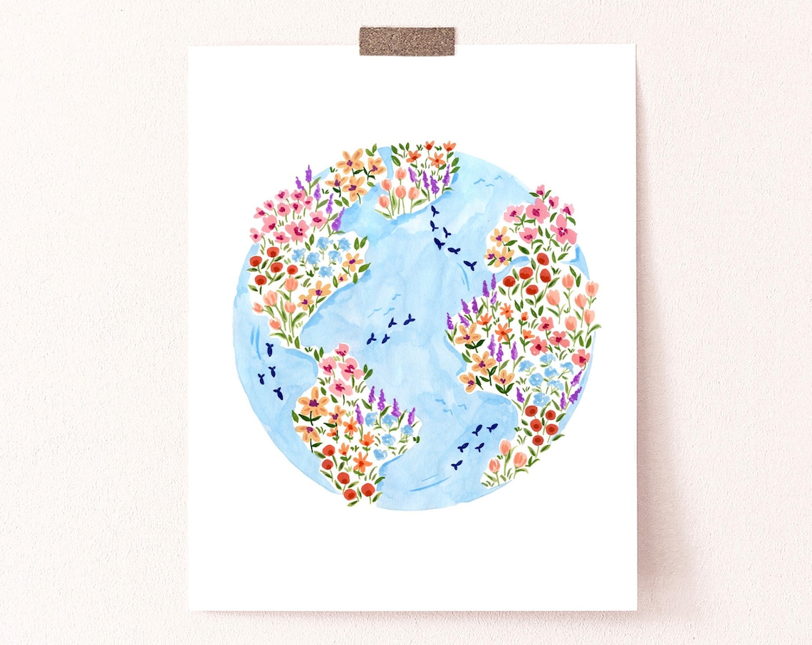 Blue Planet Art Print, Botanical Earth Day Decor