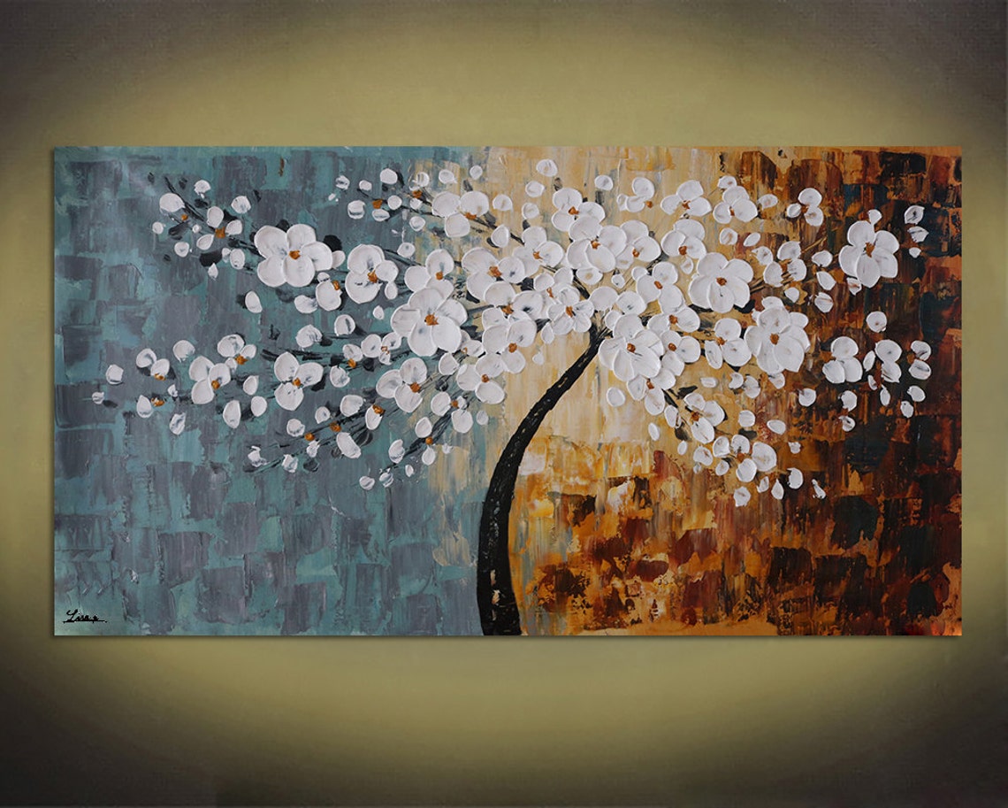 White Flowering Tree On Teal Amber Split Canvas Oil Paint Poster