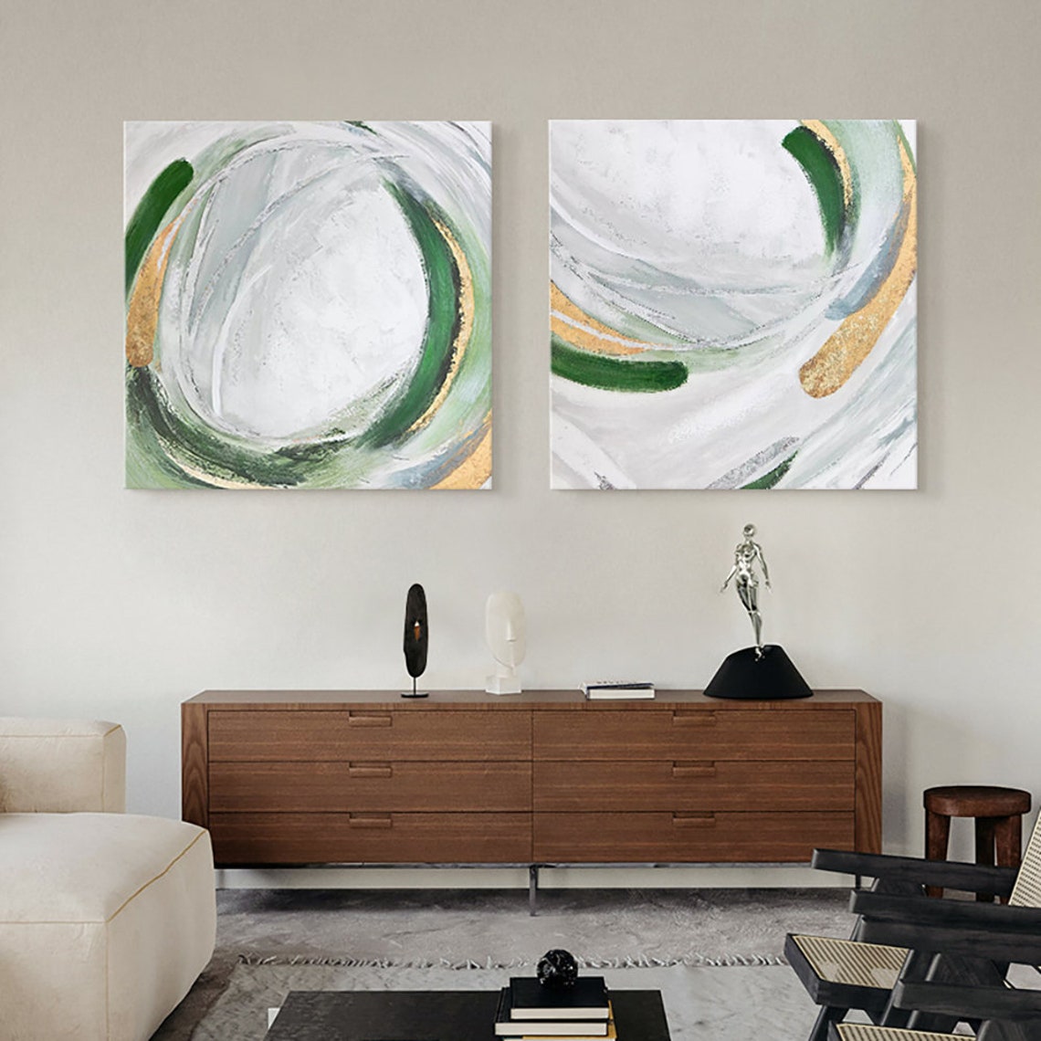 Green Gold White Circular Abstract Diptych Modern Canvas Wall Art - Image 4