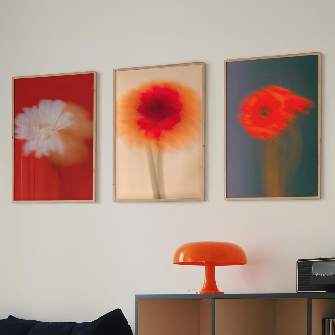 Blurred Flower Motion Photography Trio in Red and Orange Print