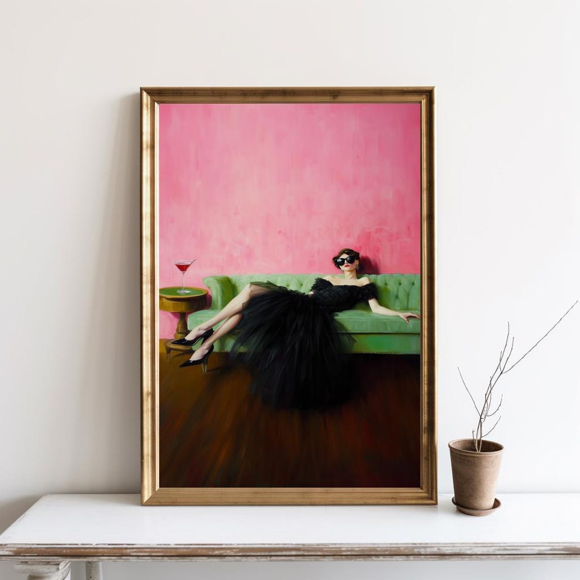Elegant Woman in Black Gown Lounging on Green Sofa Cocktail Art Poster
