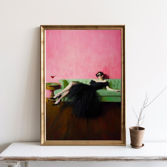 Elegant Woman in Black Gown Lounging on Green Sofa Cocktail Art Poster