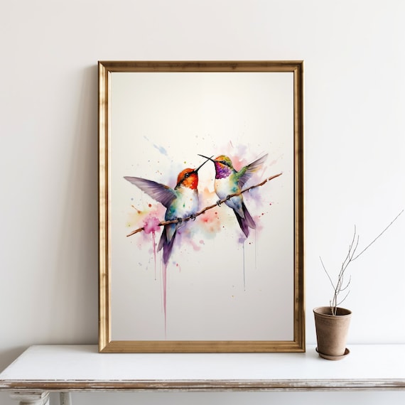 Hummingbirds Watercolor Bird Wall Art Cute Painting Colorful Abstract Poster Aceo Print Decor Sg14