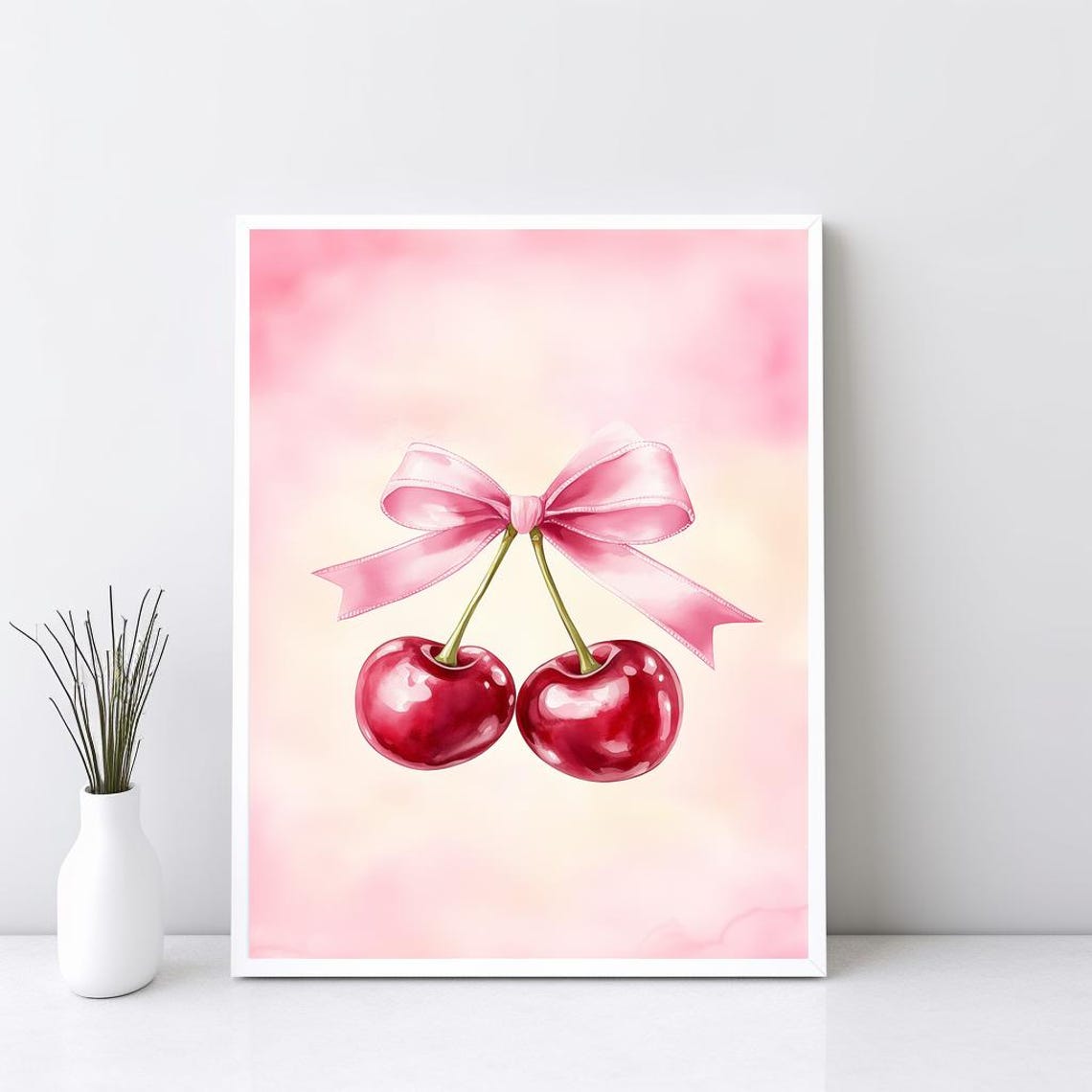 Pink Bow Cherries Watercolor Print Coquette Cherry Girl Nursery Decor
