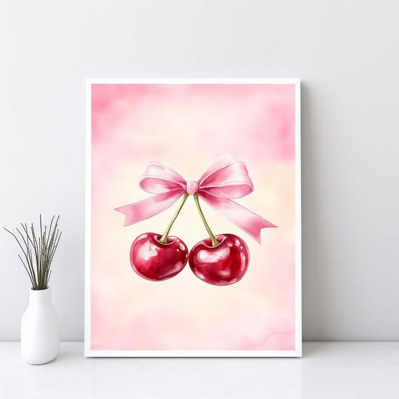 Trendy Pink Cherry Bow Wall Art Watercolor Valentines Day Preppy College Apartment Decor Coquette Room Poster Girly Sg408