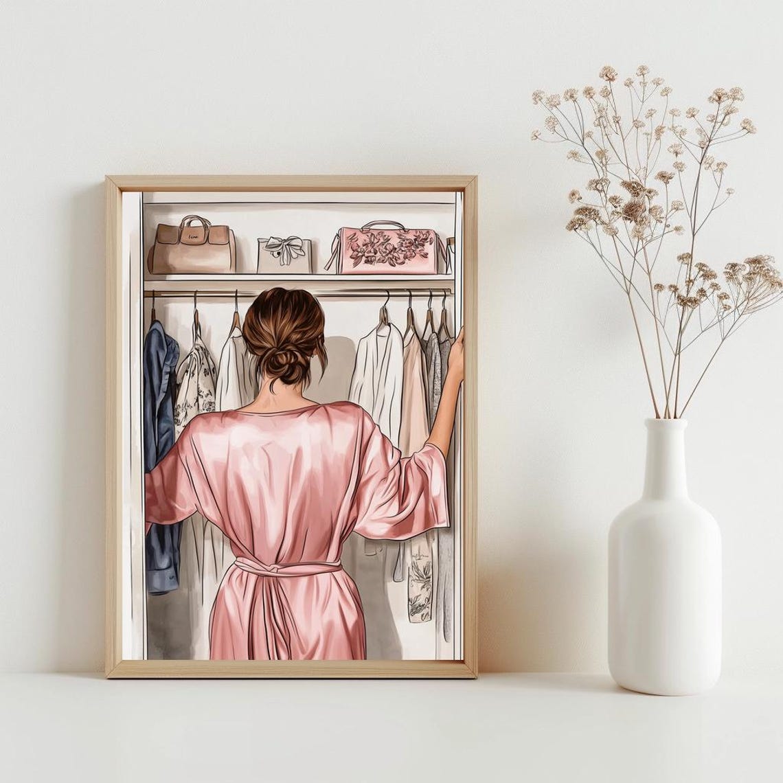Chic Woman in Pink Satin Robe Choosing Outfit Fashion Poster
