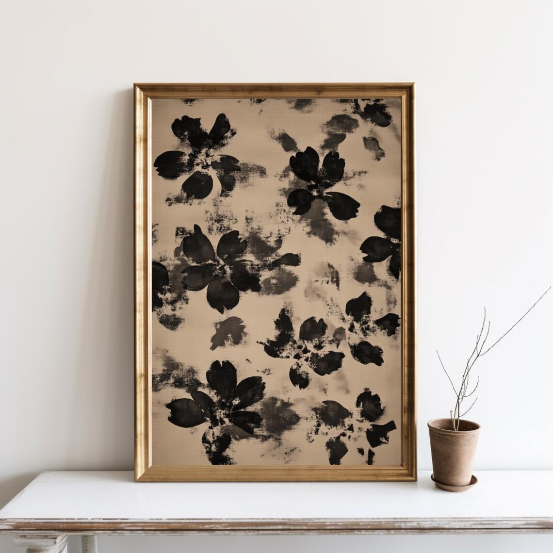 Botanical Japanese Painting Neutral Floral Abstract Print