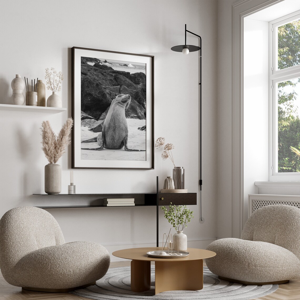 Sea Lion Sitting Upright on a Rocky Beach Shore Black White Animal Photo Poster - Image 2