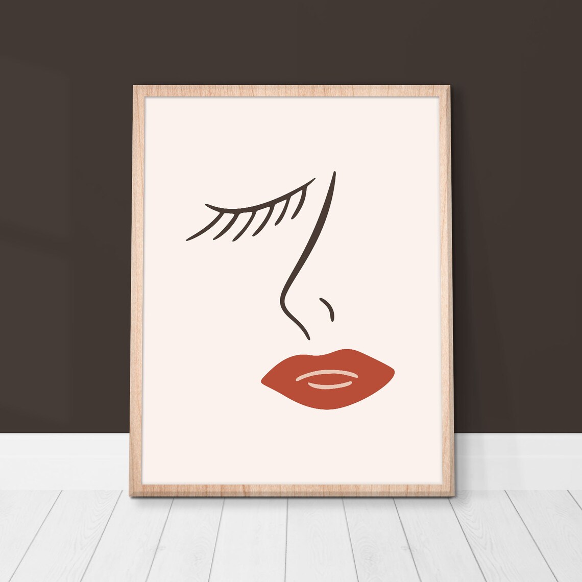 Minimalist Female Face Line Art Red Lips Closed Eye Pink Poster - Image 2