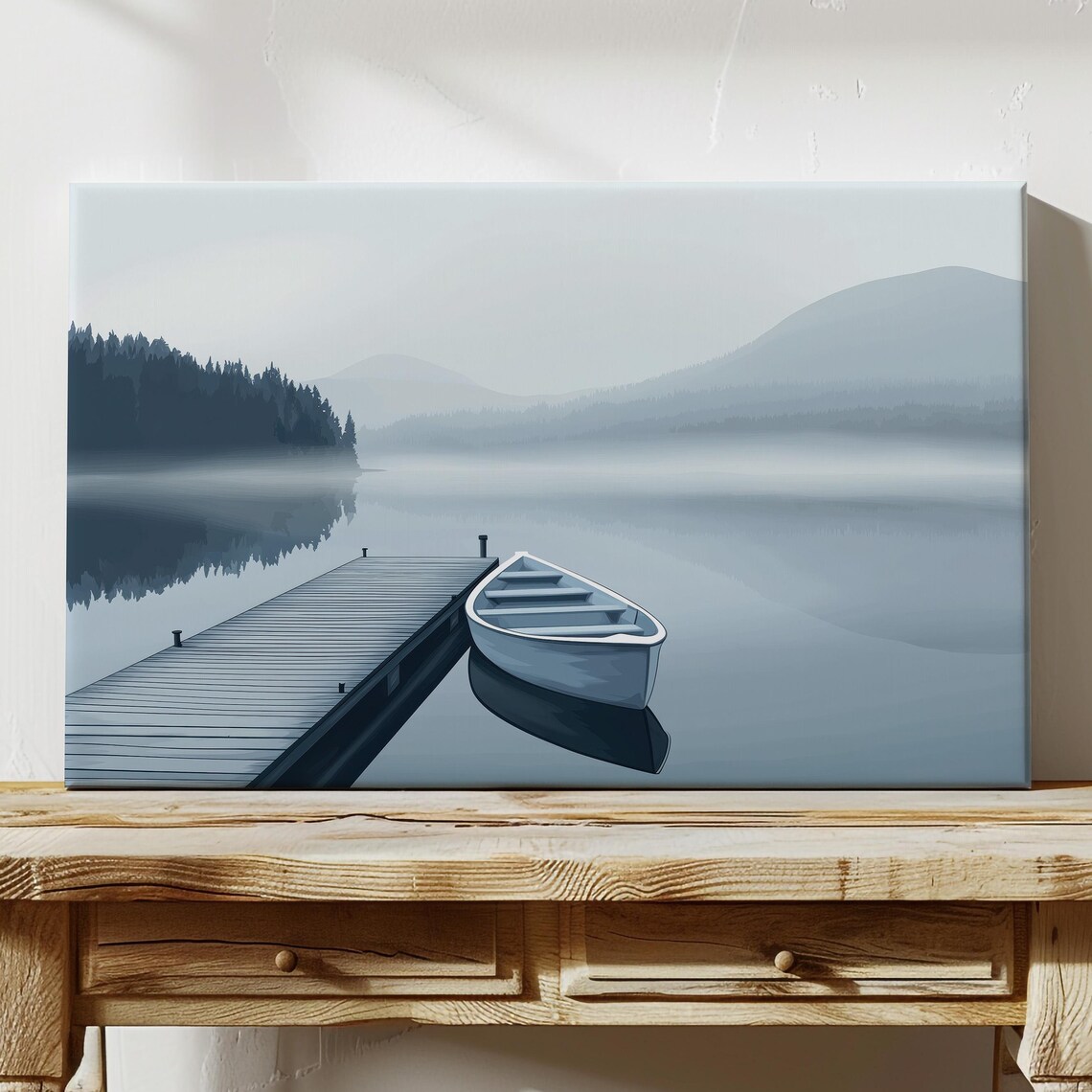 Misty Lake Rowboat on Dock Foggy Mountain Tranquil Scene Poster