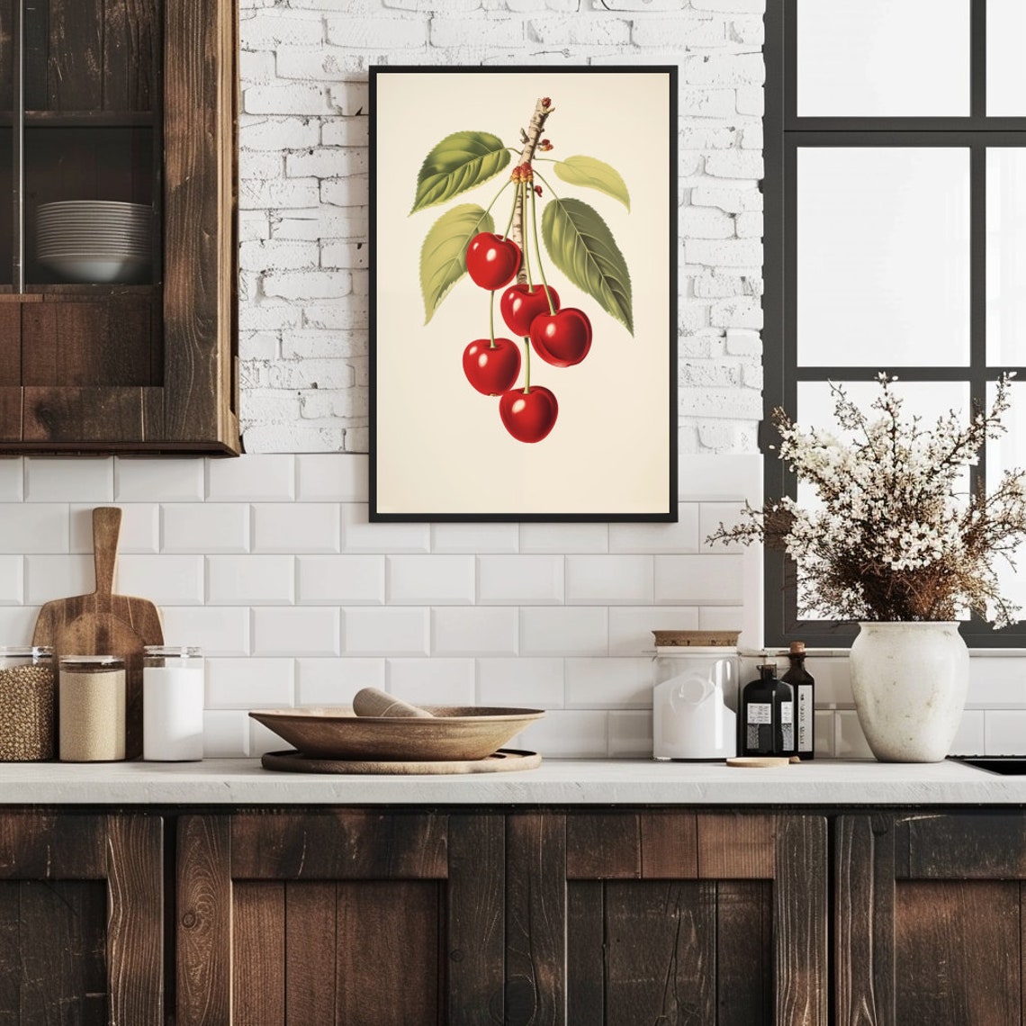 Vintage Cherries Lithograph Print Retro Cherry Painting Cherry Fruit Artwork Wild Cherries Print Cottagecore Kitchen Wall Art - Image 5