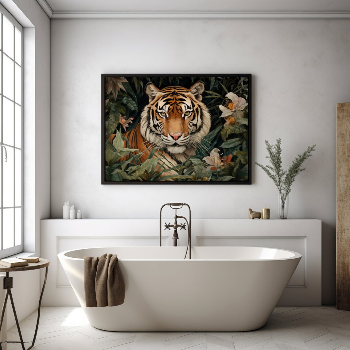 Majestic Tiger Portrait in Dark Jungle Foliage Boho Wall Art - Image 4