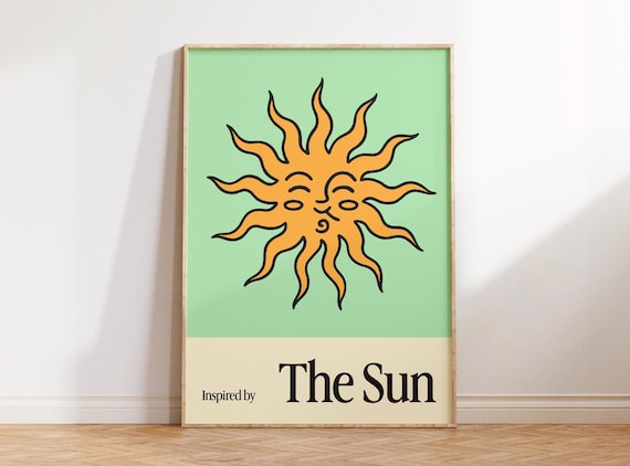 Cheerful Smiling Orange Sun Face Art on Mint Green Inspired Sun Poster