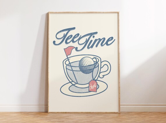 Tee Time Golf Ball Teacup Blue Ink Vintage Script Fun Poster