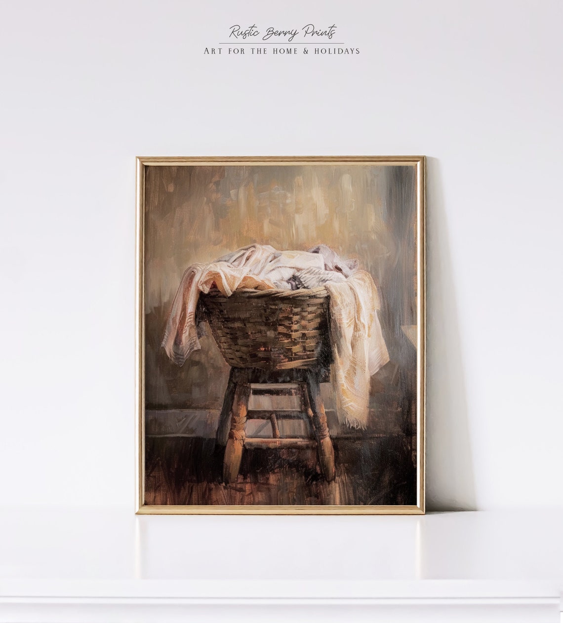 Vintage Laundry Basket Oil Painting Rustic Farmhouse Kitchen Print