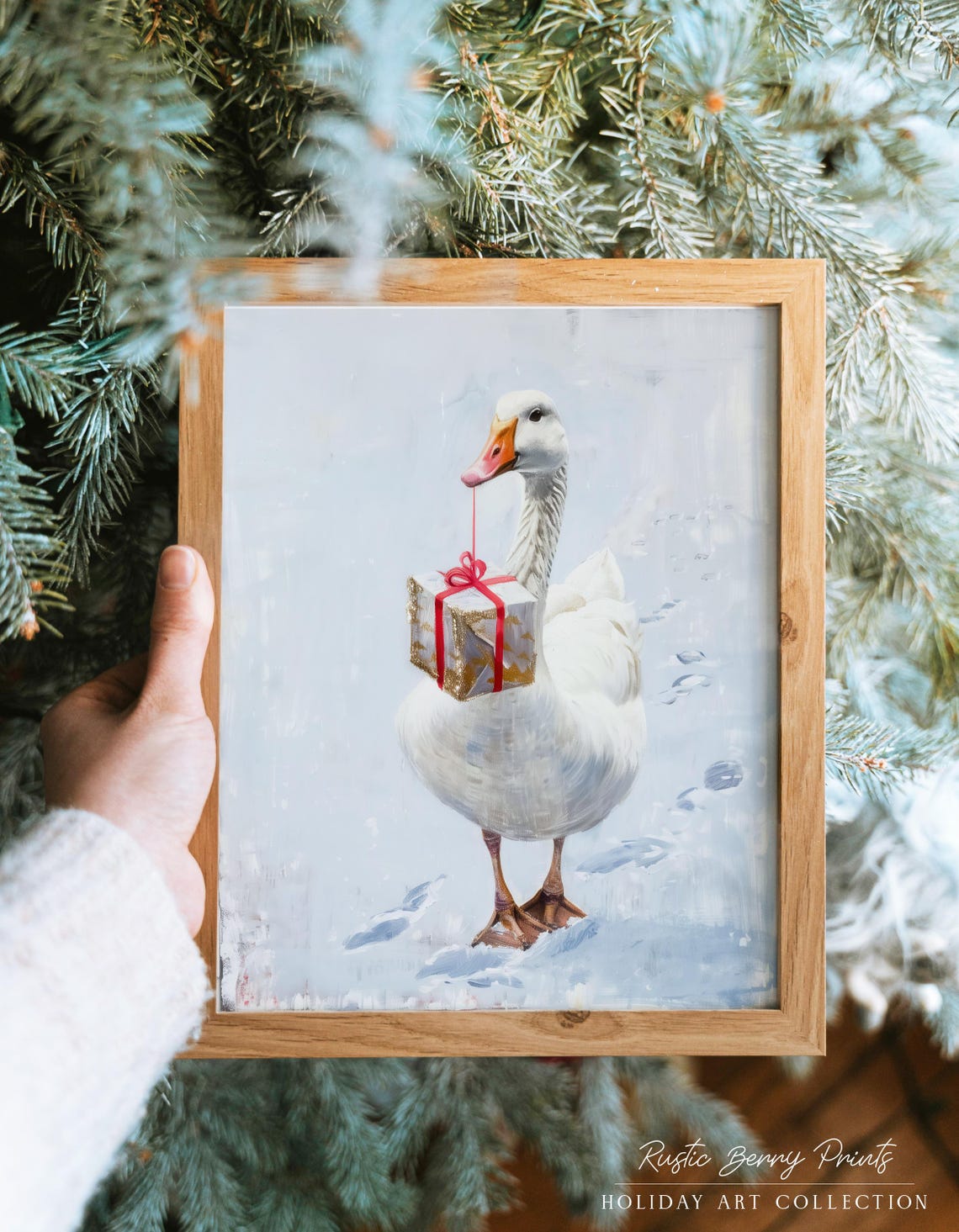 White Goose Carrying Christmas Gift Box Snowy Cute Wall Print