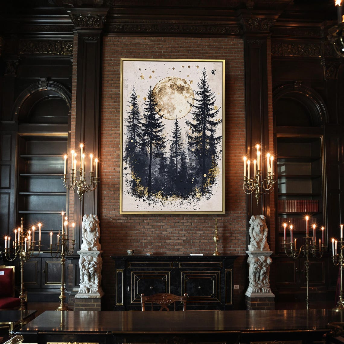 Golden Full Moon Glowing Over Black Pine Trees Night Art Poster - Image 2