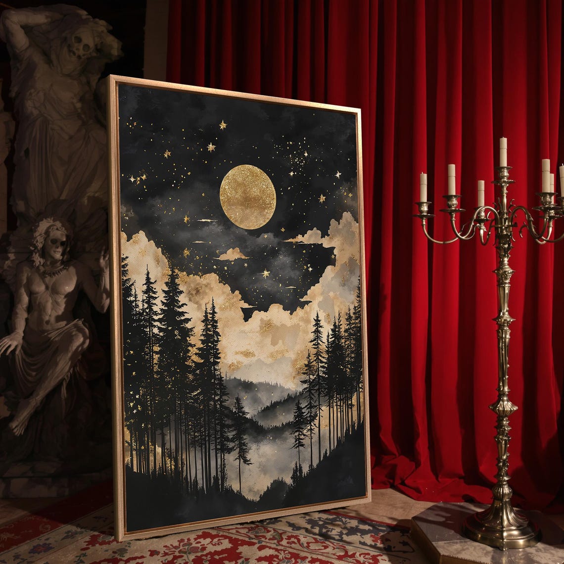 Starry Moonlit Night Framed Wall Art Puffy Clouds Painting Print Mountain Forest Decor Gothic Landscape Poster Gift Ready To Hang - Image 4