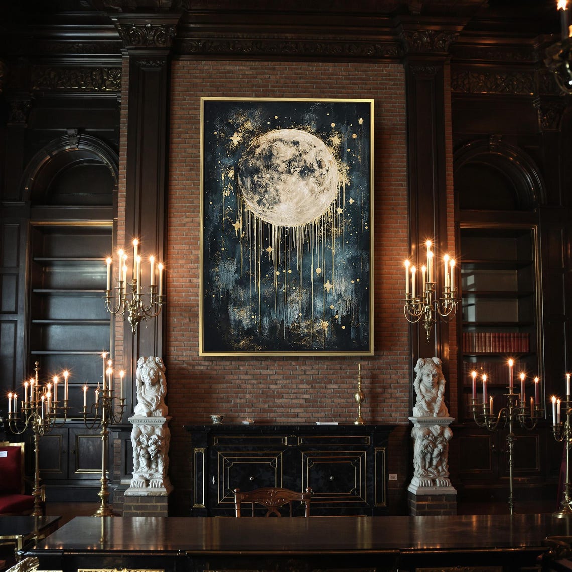 Surreal Dripping Full Moon Gold Stars Abstract Night Sky Poster - Image 2