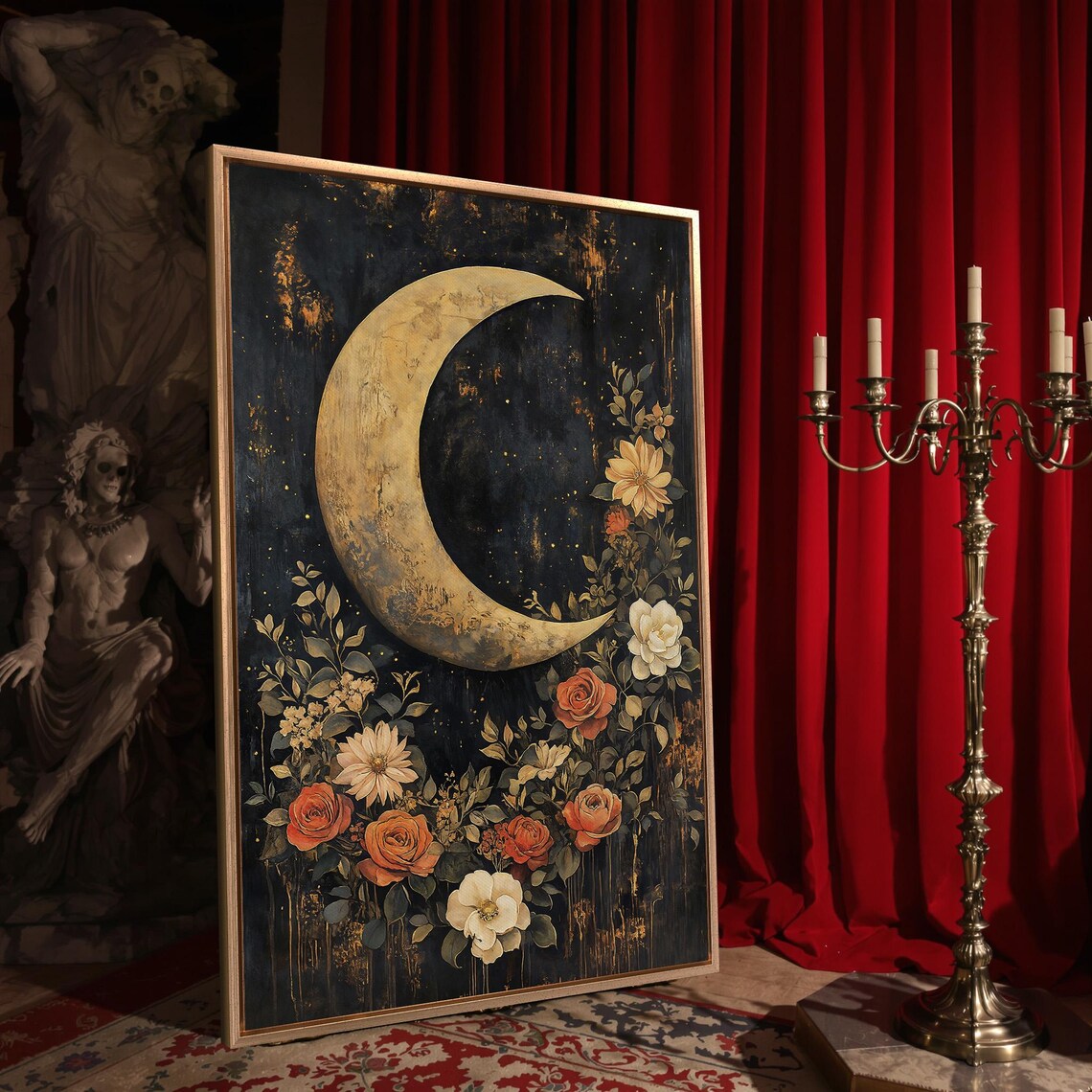 Golden Crescent Moon Orange Roses Starry Night Dark Floral Celestial Poster - Image 4