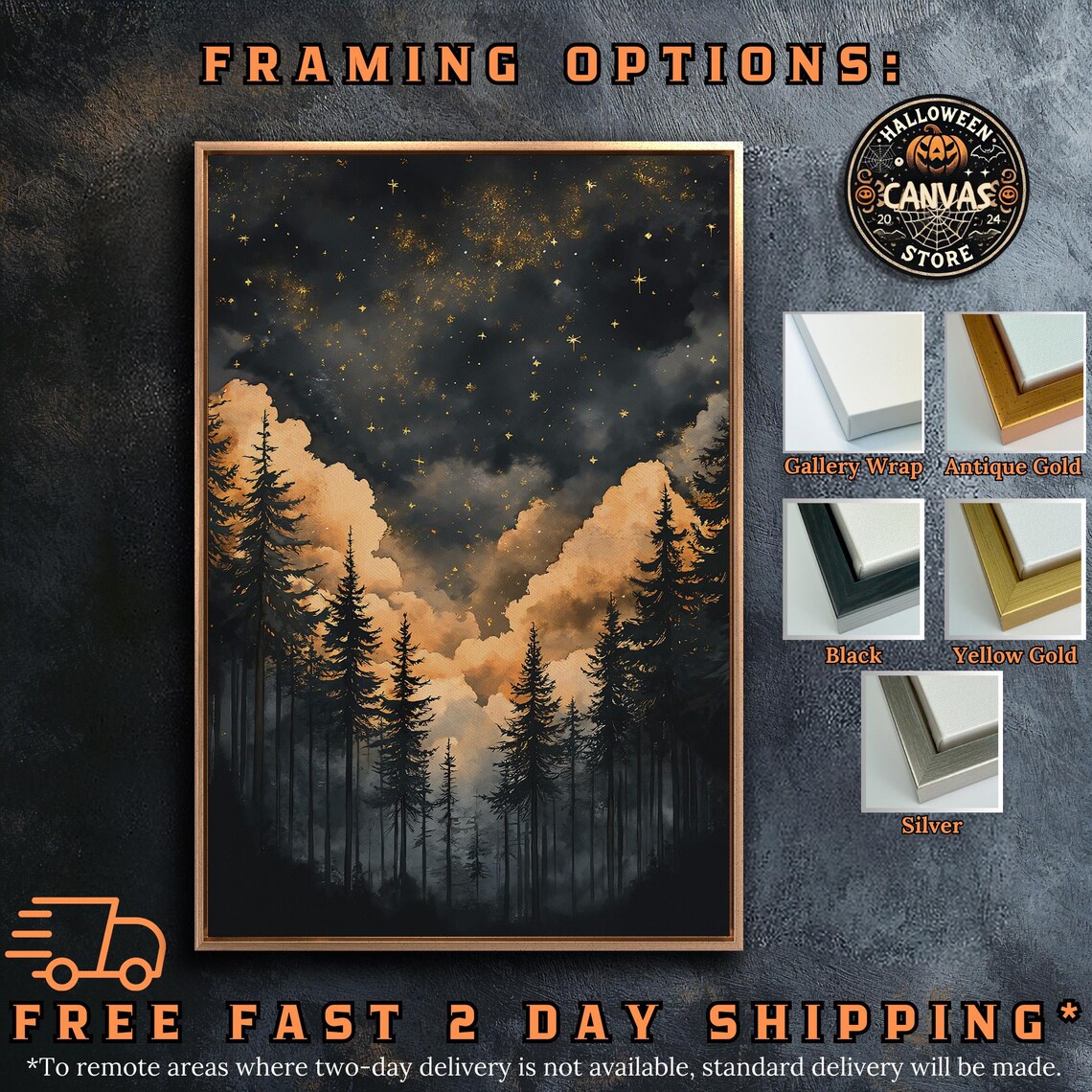 Starry Night Golden Clouds Tall Pine Forest Fantasy Dark Mystical Wall Poster - Image 5