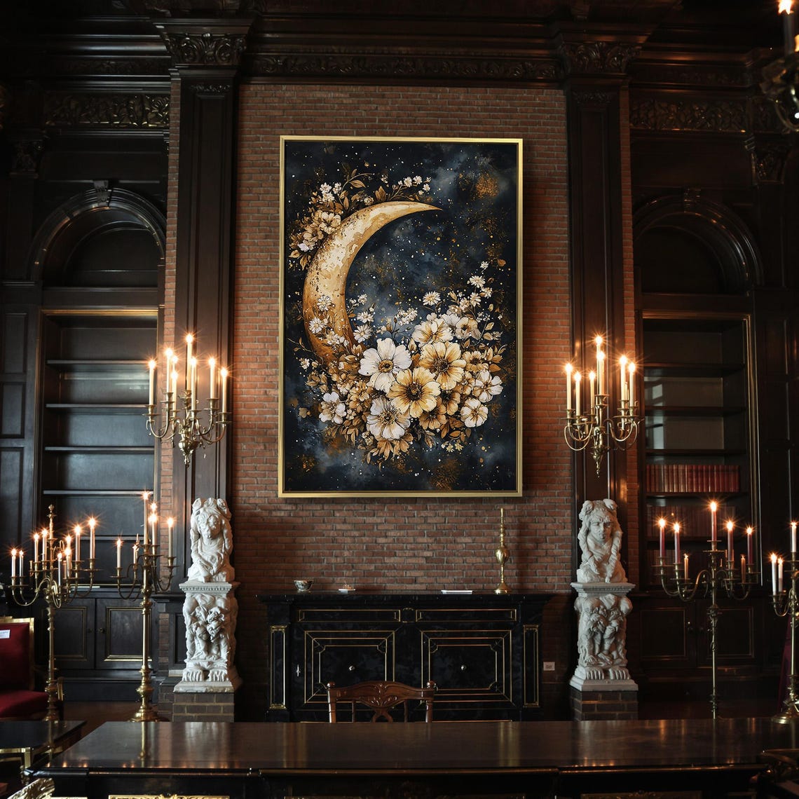 Golden Crescent Moon Gold Wildflowers Starry Night Celestial Poster - Image 2
