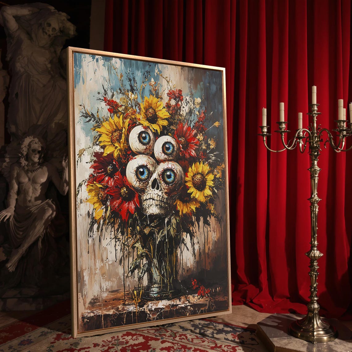 Surreal Skull With Big Blue Eyes Among Sunflowers Dark Art Poster - Image 4