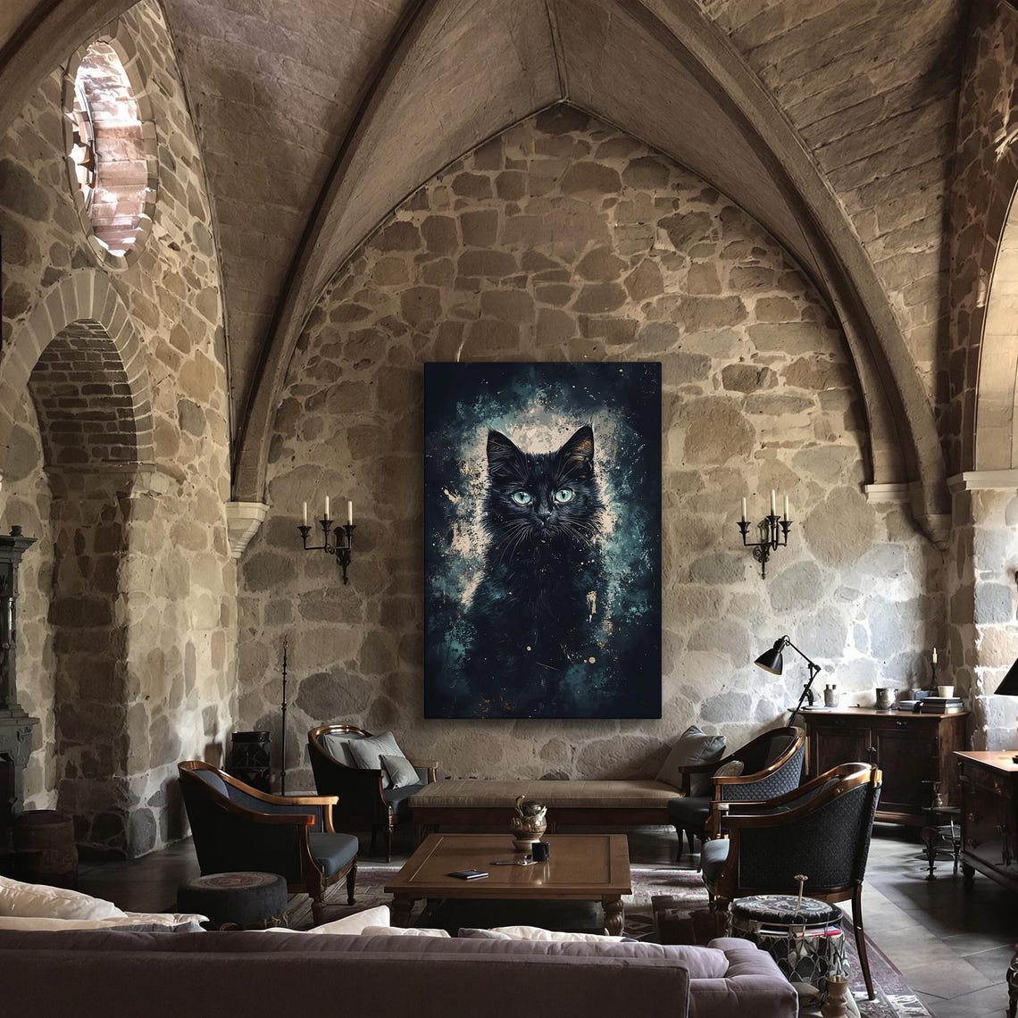 Mysterious Black Cat With Teal Eyes Cosmic Night Portrait Poster - Image 3