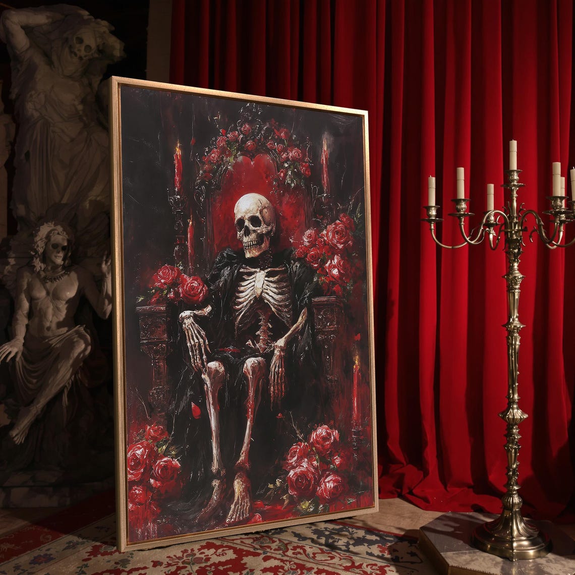 Skeleton King Seated on Throne Surrounded by Red Roses Art Poster - Image 4