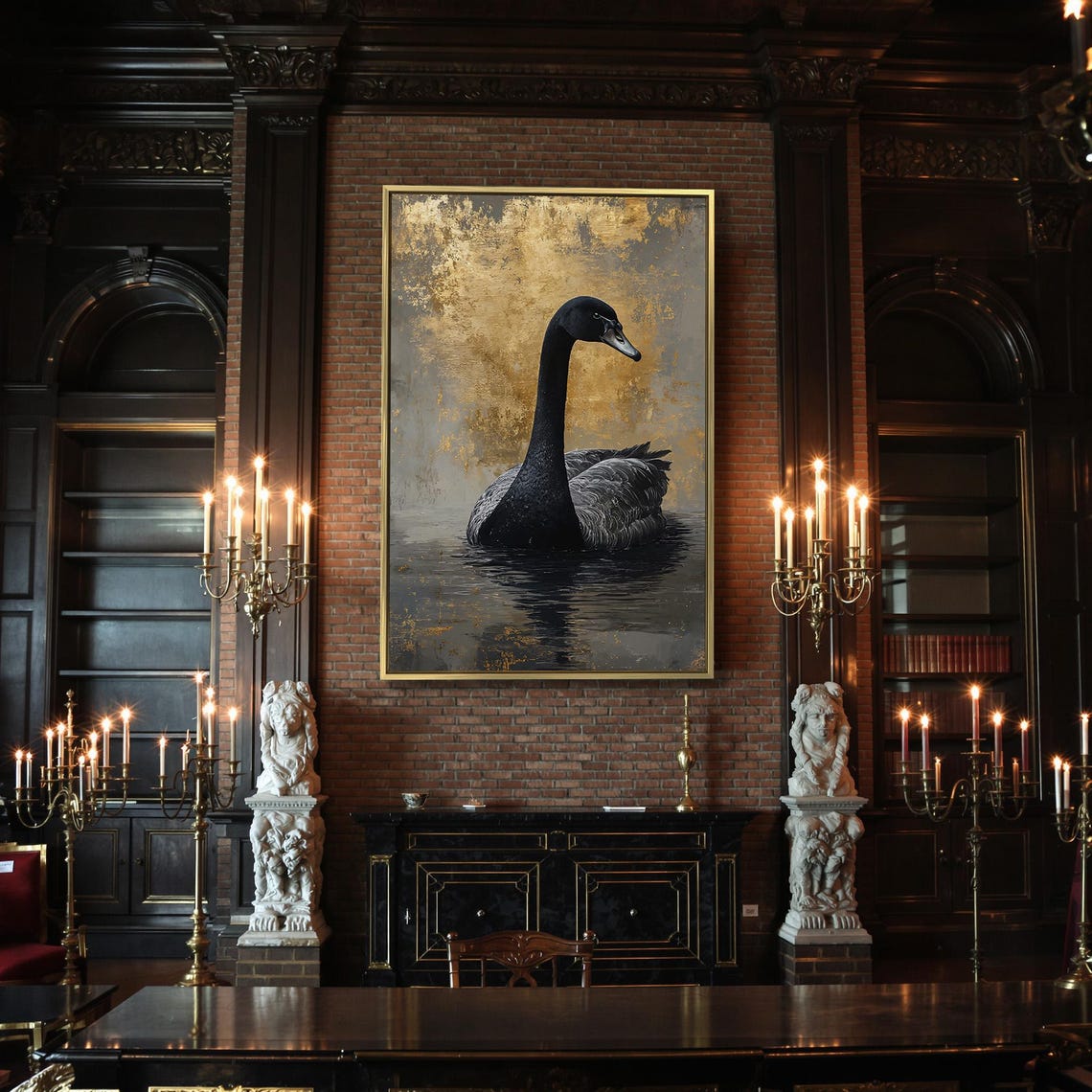 Graceful Black Swan Gliding On Dark Water Golden Night Sky Wall Poster - Image 2