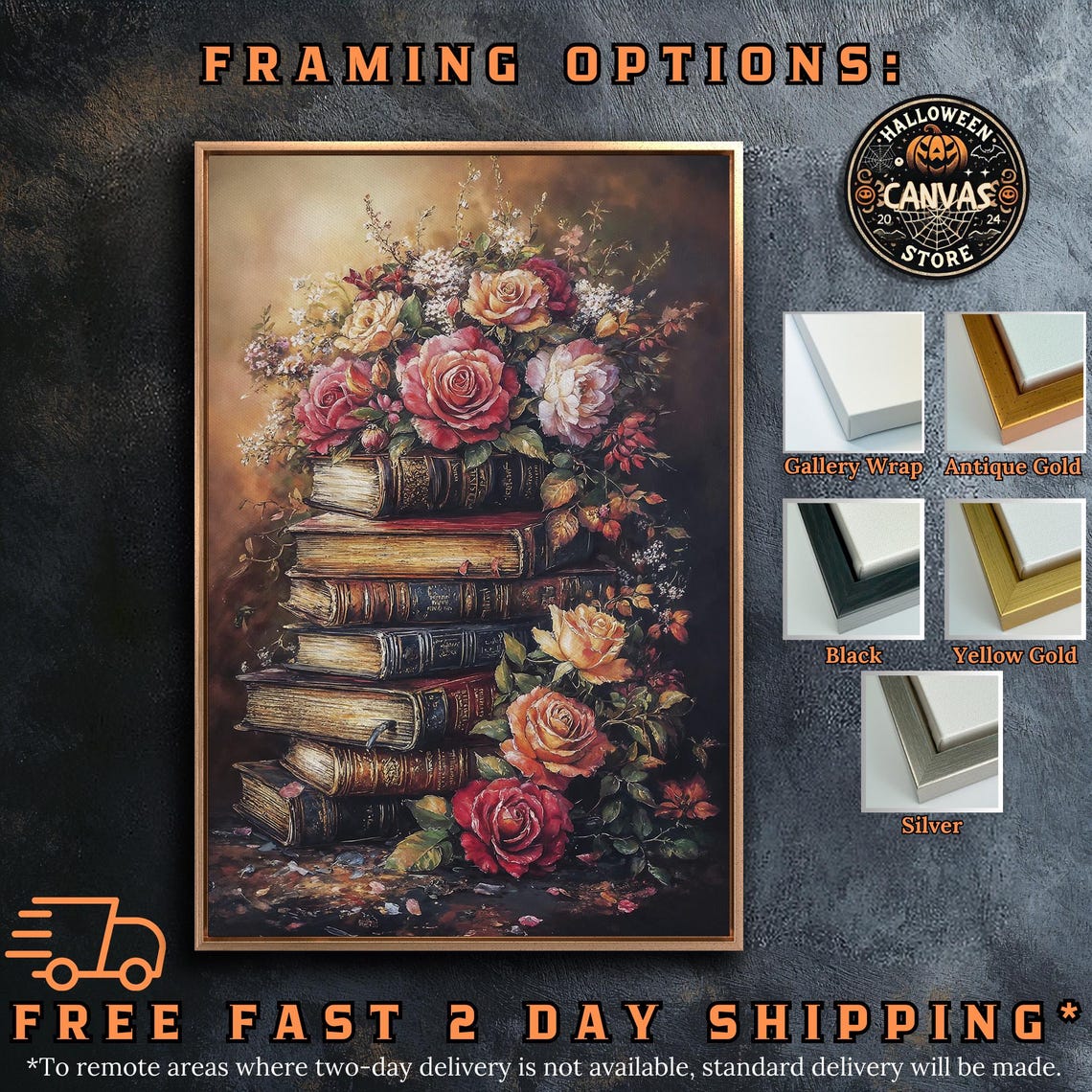 Antique Books Stack With Blooming Roses Romantic Floral Art Poster - Image 5