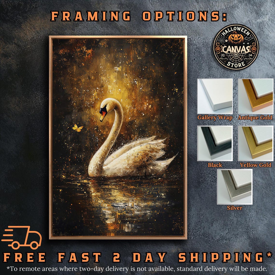 White Swan On Golden Dark Lake With Butterfly Elegant Art Poster - Image 5