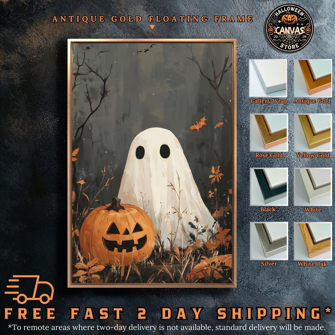 Cute Ghost Jack-O-Lantern Misty Forest Autumn Spooky Halloween Wall Poster - Image 2