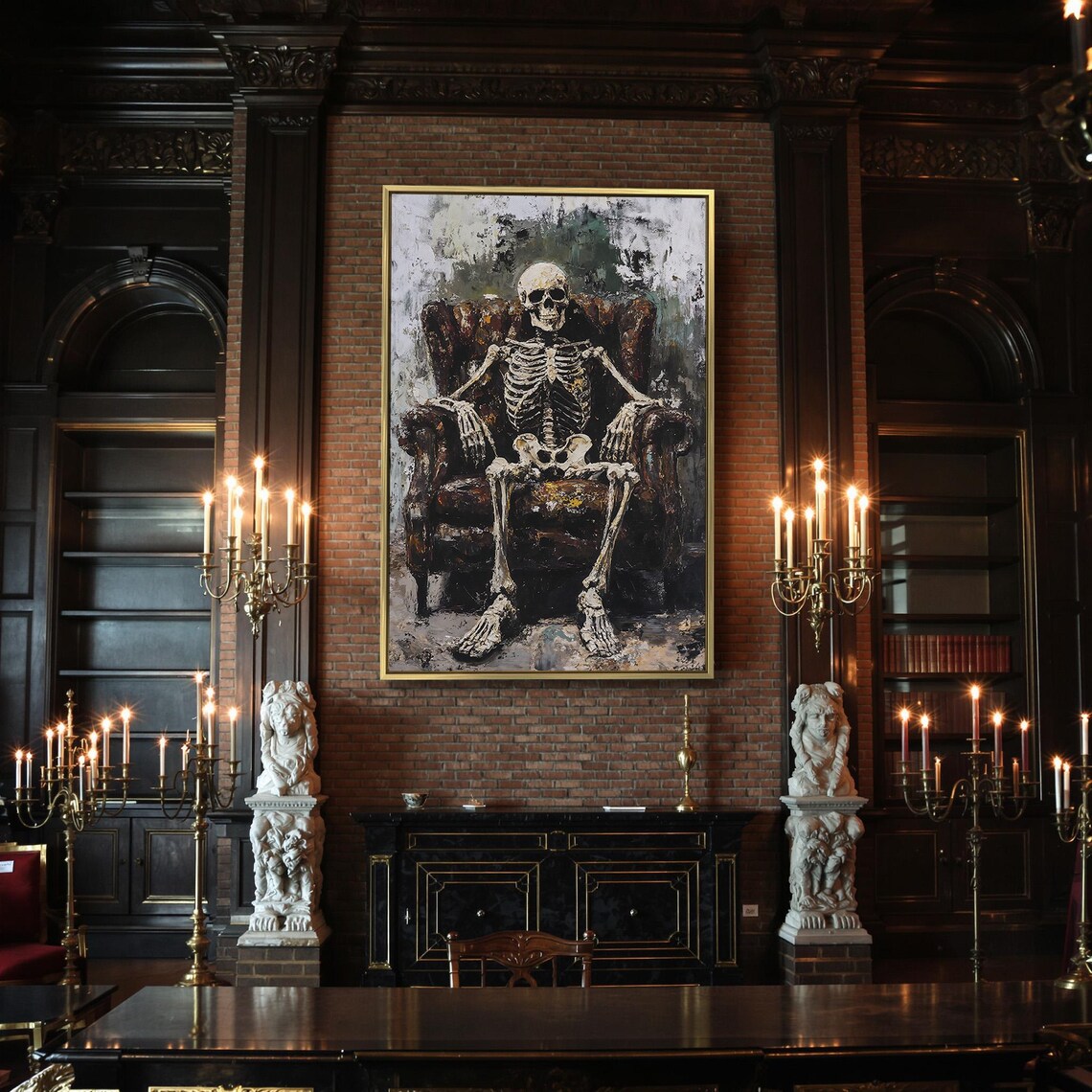Skeleton Seated In Vintage Armchair Gothic Painterly Macabre Art Poster - Image 2