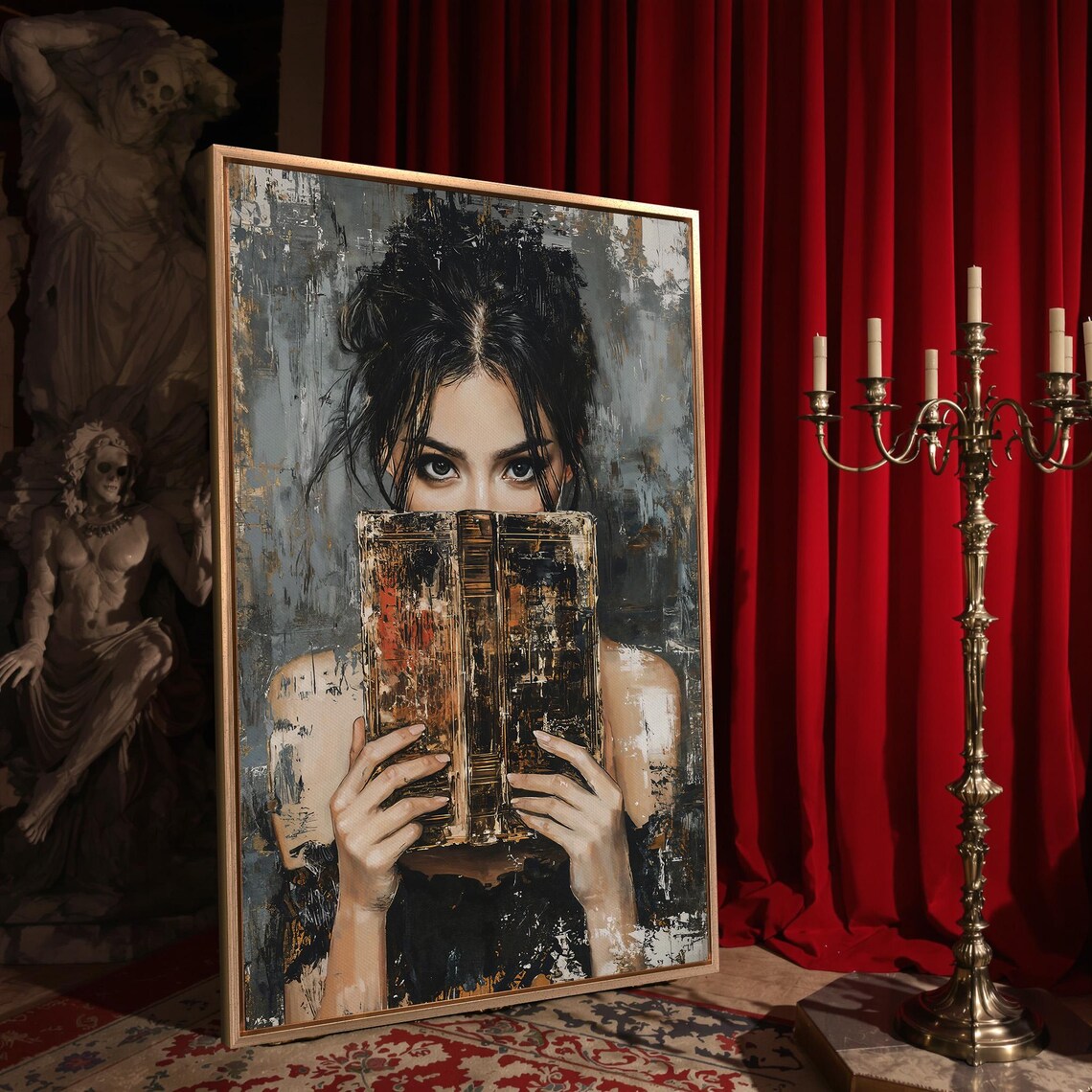 Woman Holding Vintage Book Over Face Moody Dark Academia Reader Wall Art - Image 4