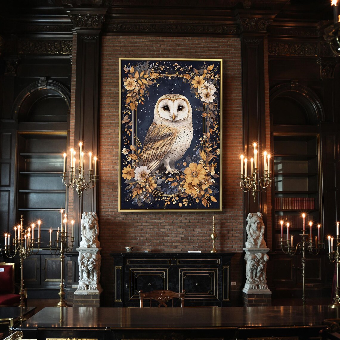 White Barn Owl Surrounded By Daisies Starry Night Floral Arch Art Poster - Image 2