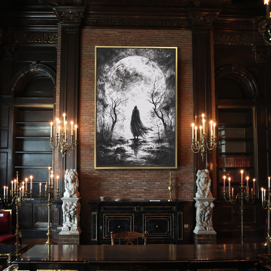 Hooded Figure Before Giant Full Moon Black And White Gothic Scene Poster - Image 2