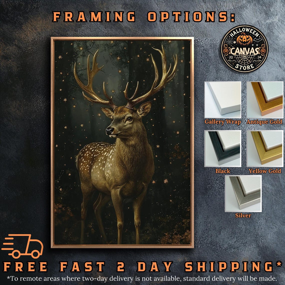 Majestic Golden Antlered Stag In Dark Starry Forest Night Scene Poster - Image 5