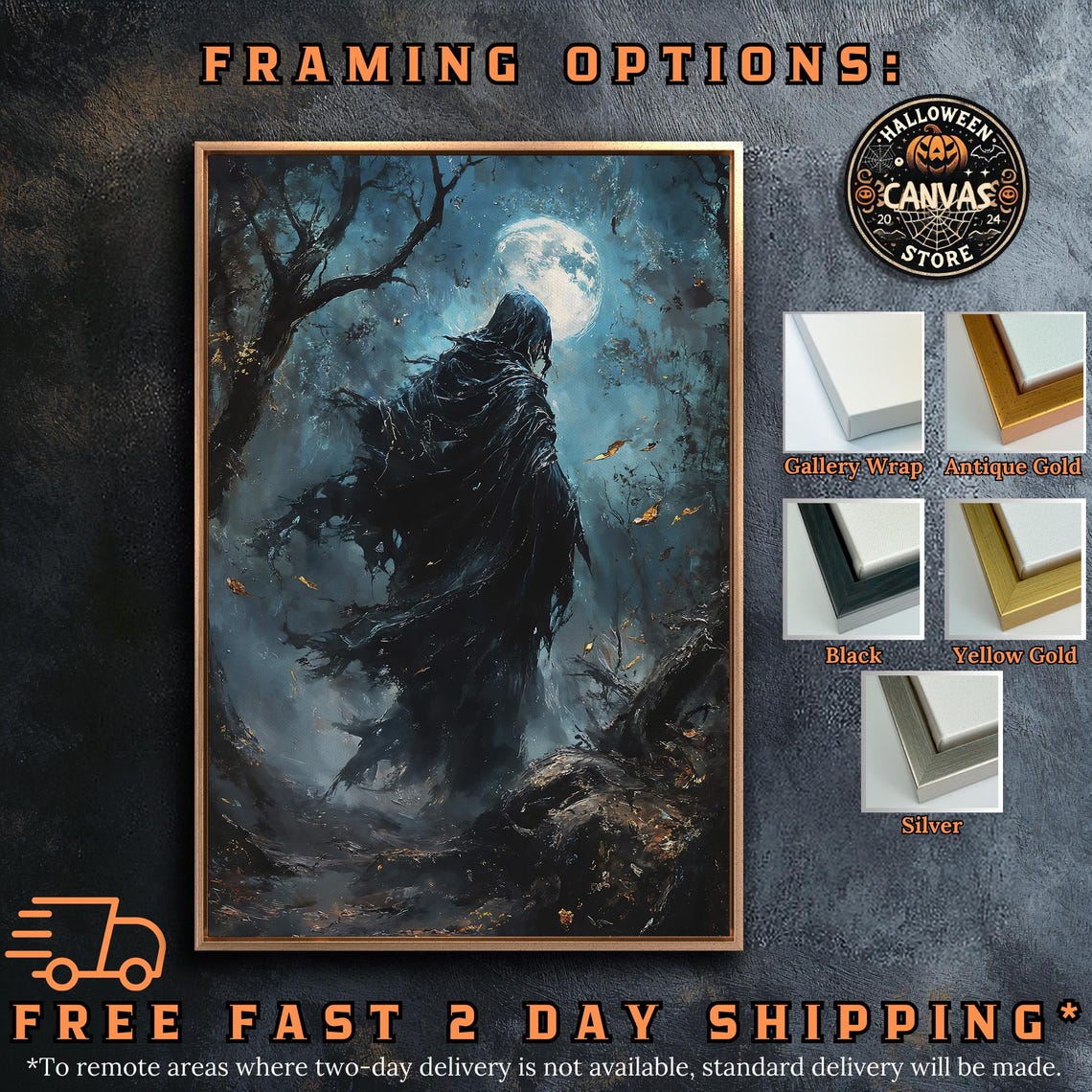 Grim Reaper Hooded Figure Full Moon Dark Forest Gothic Wall Art Poster - Image 2