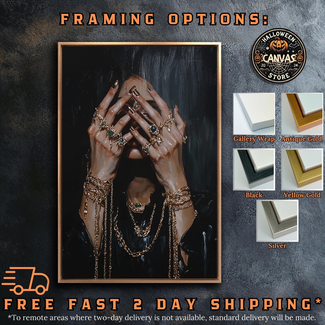 Womans Hands Adorned With Gold Jewelry Covering Face Dark Oil Art Poster - Image 5