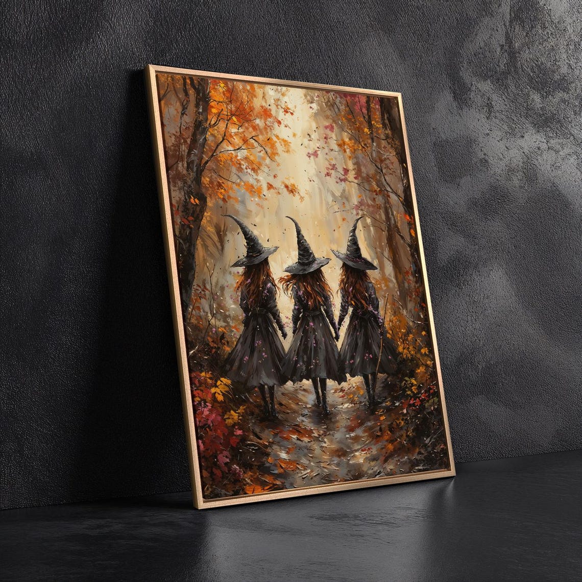 Three Witches Walking Through Autumn Forest Halloween Art Poster - Image 3