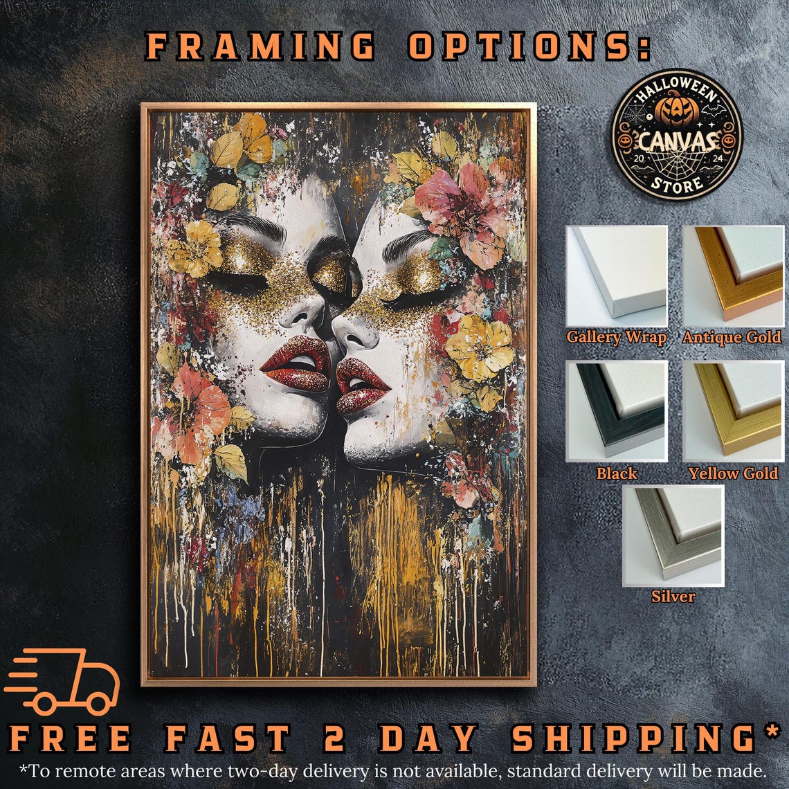 Glamorous Women Faces With Gold Glitter Eyes Floral Painting Poster - Image 5