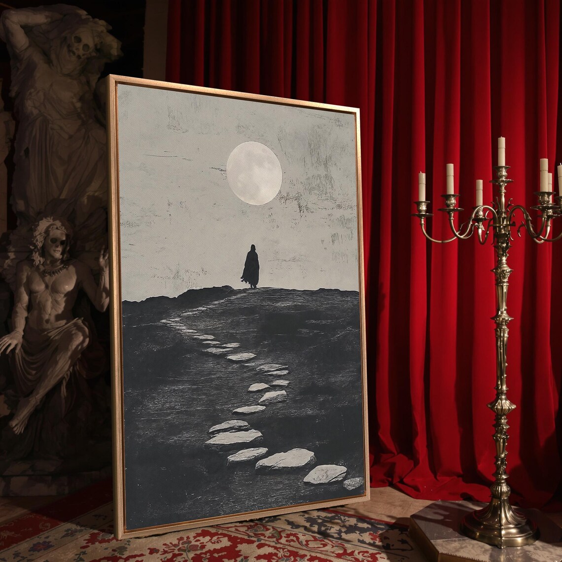Lone Dark Figure Walking Stone Path Under Pale Moon Minimalist Night Poster - Image 4