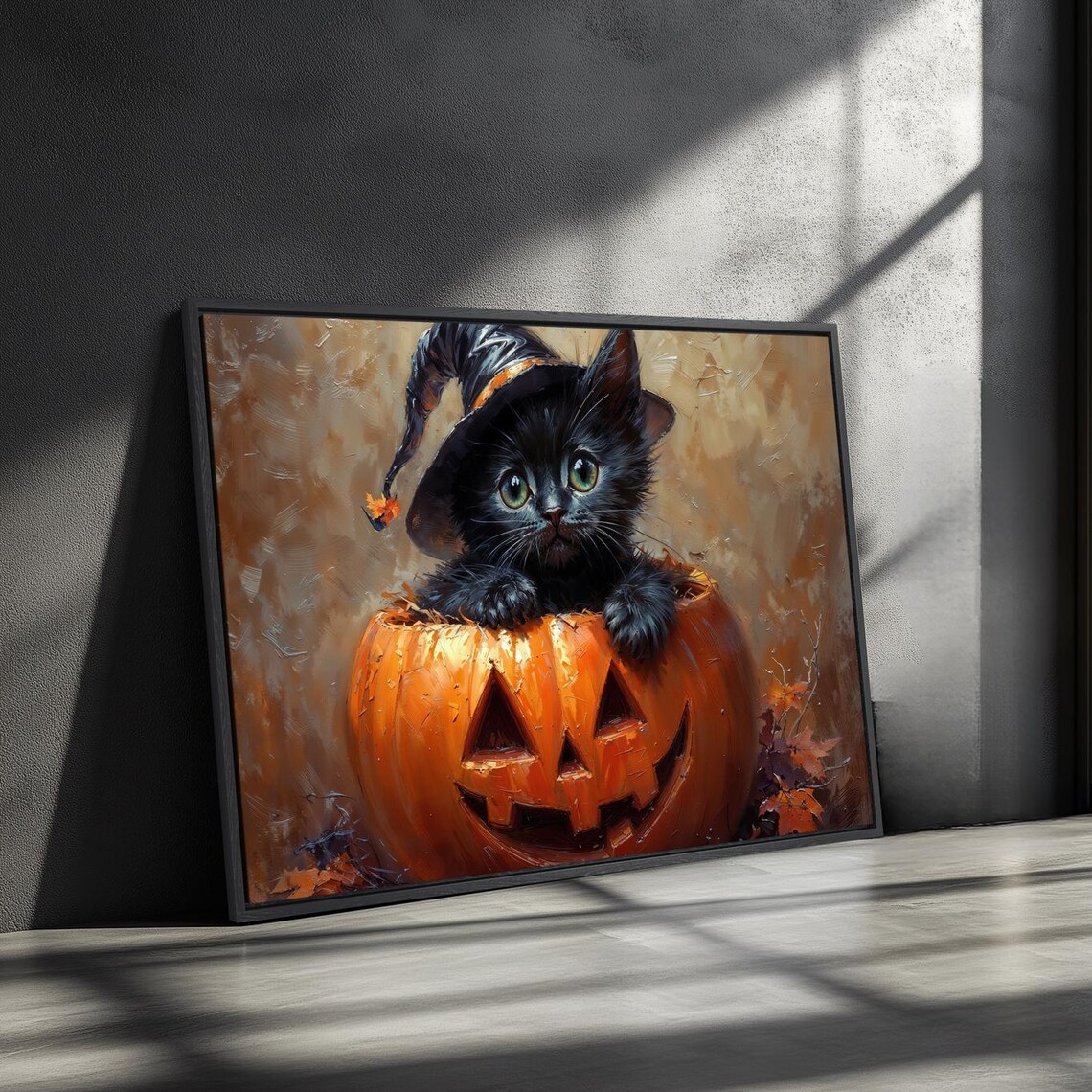 Black Kitten Witch Hat Sitting Jack-O-Lantern Cute Halloween Pumpkin Wall Poster - Image 3