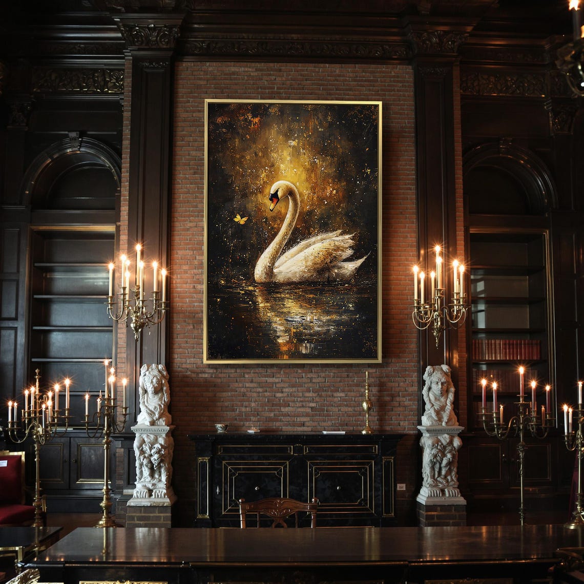 White Swan On Golden Dark Lake With Butterfly Elegant Art Poster - Image 2